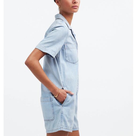 NWT Madewell Denim Utility Romper Short Sleeve Collared Fitzgerald Wash Size XXS - Picture 2 of 16